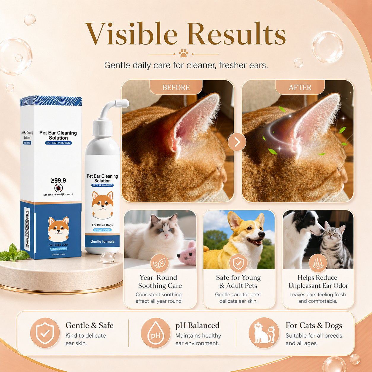 Gentle Pet Ear Wash for Dogs & Cats | Earwax & Odor Cleaning Solution
