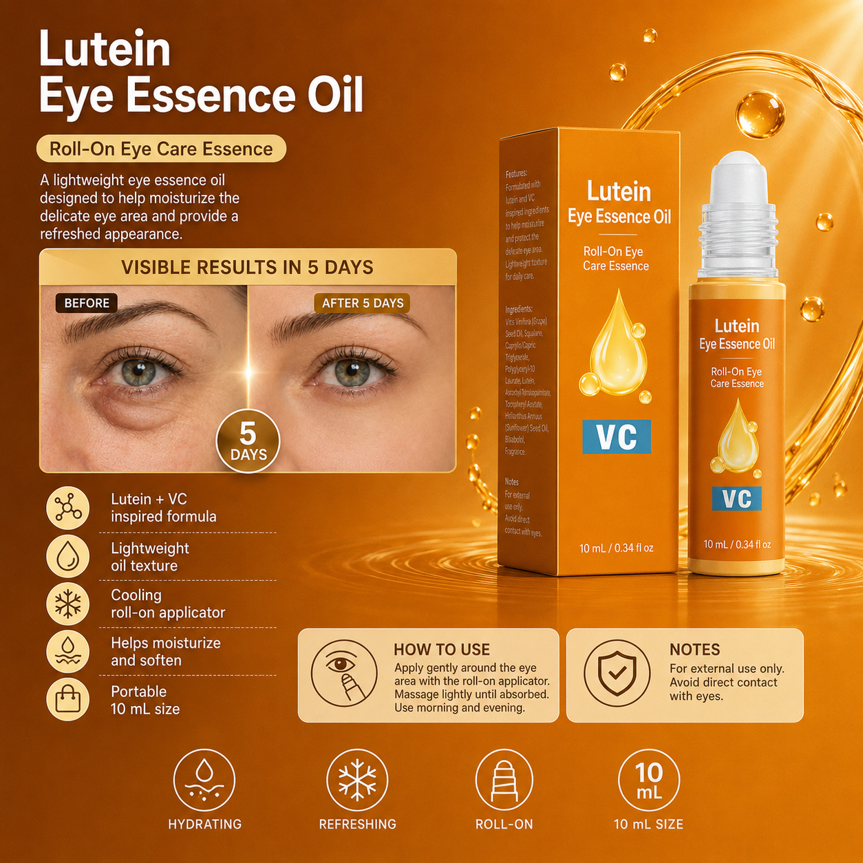 Lutein & Vitamin C Eye Essence Oil Roller – Hydrating, Firming & Fine Line Care, 10ml