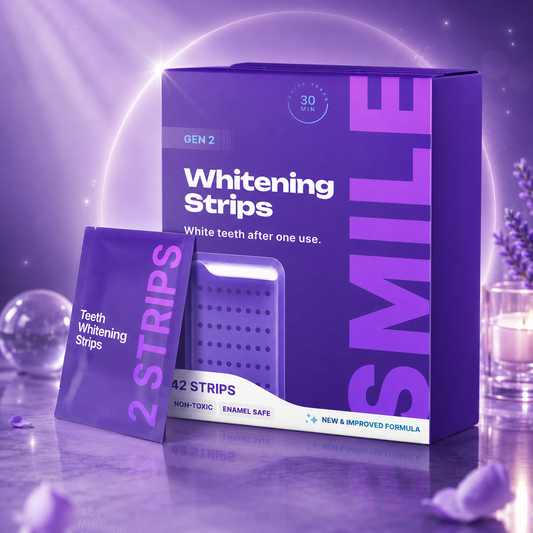 Tiras blanqueadoras de dientes moradas para una sonrisa más brillante