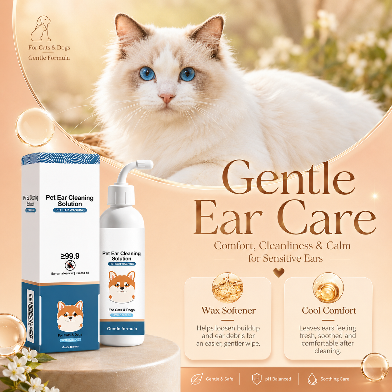 Gentle Pet Ear Wash for Dogs & Cats | Earwax & Odor Cleaning Solution