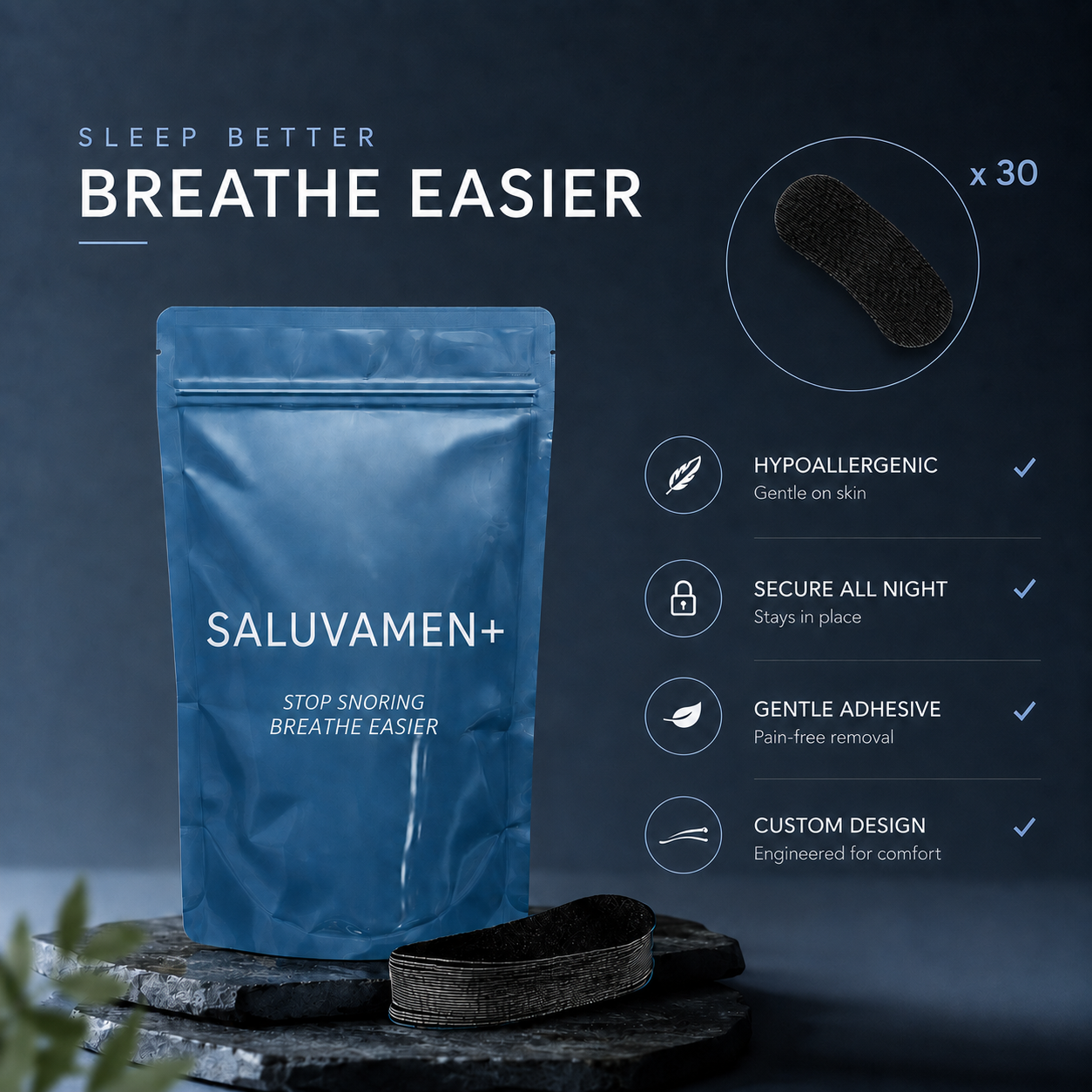 SALUVAMEN+ Tiras bucales Respire | Cinta bucal cómoda para la noche para una rutina de sueño más sencilla