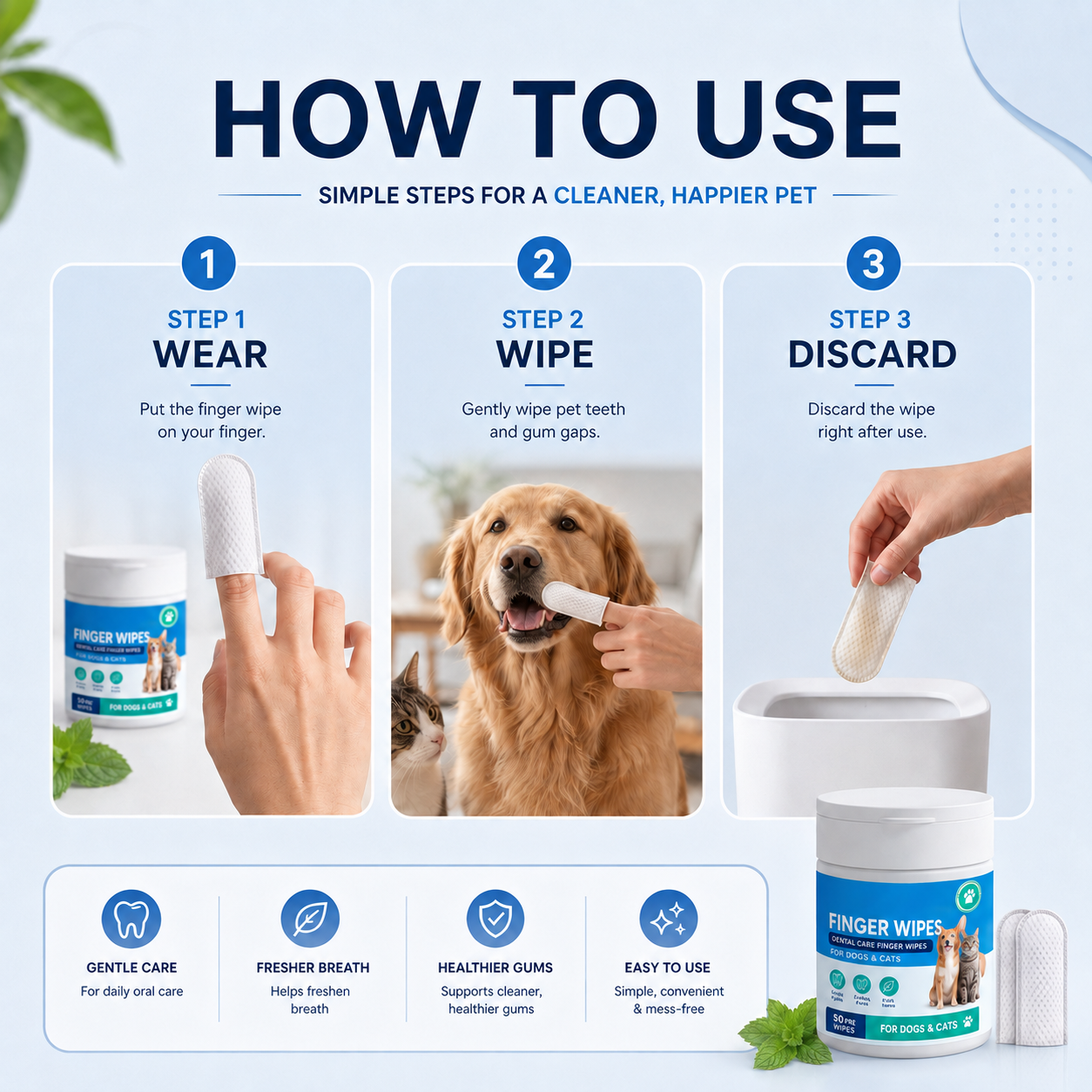 Dental Care Finger Wipes for Dogs & Cats – Easy Brush-Free Daily Oral Care