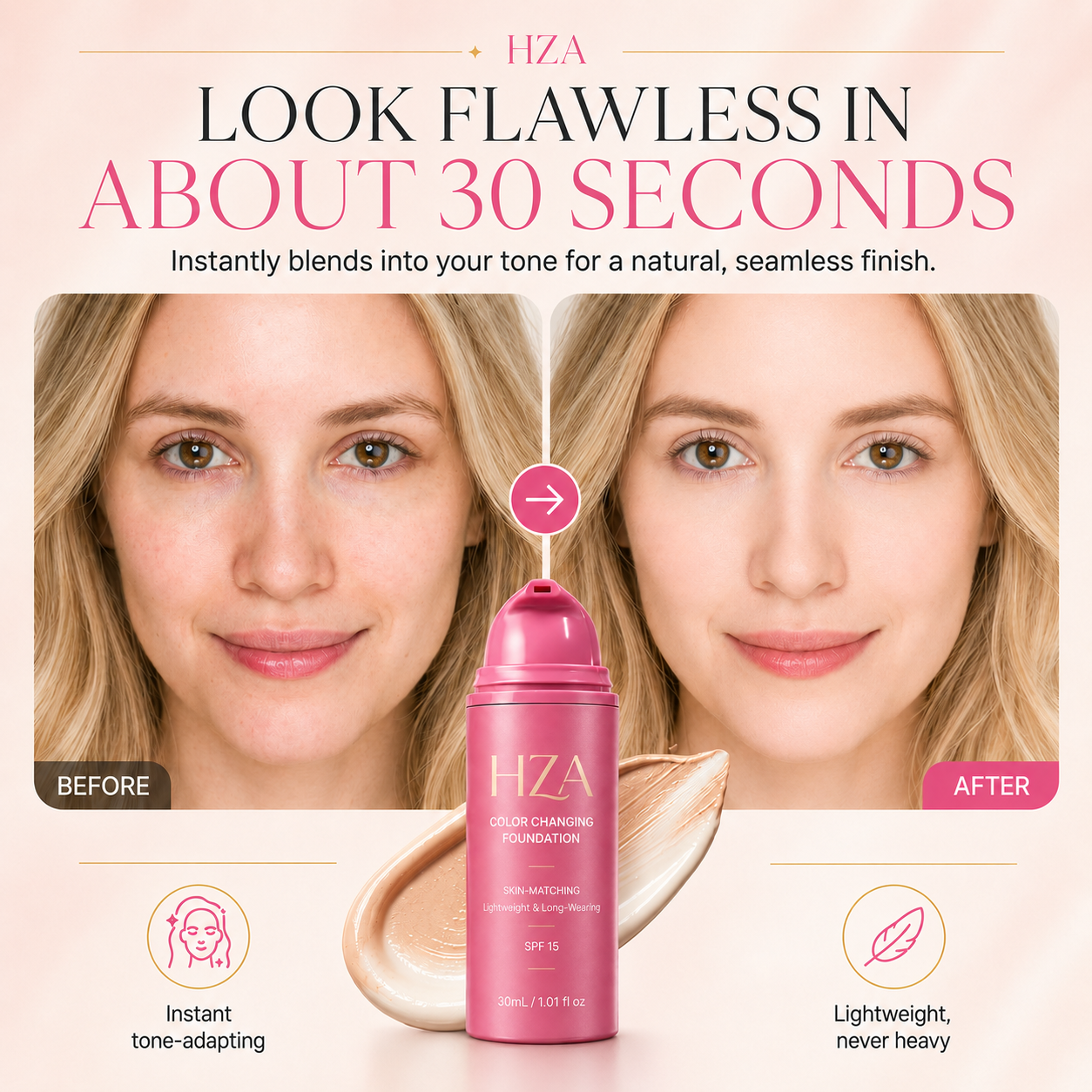HZA Color-Changing Foundation – Adaptive Skin-Matching Lightweight Foundation SPF 15