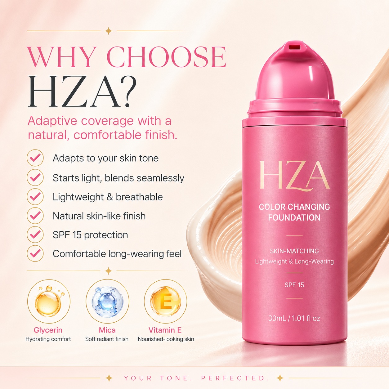 HZA Color-Changing Foundation – Adaptive Skin-Matching Lightweight Foundation SPF 15