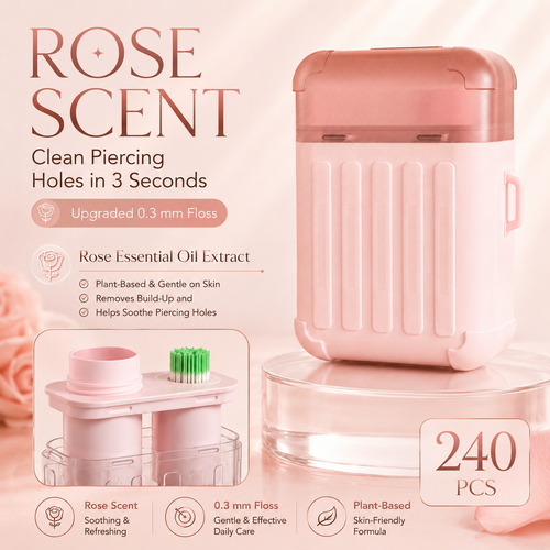 Rose-Infused Piercing Cleaning Floss – 0.3mm Gentle Ear Hole Cleanser, 240 PCS