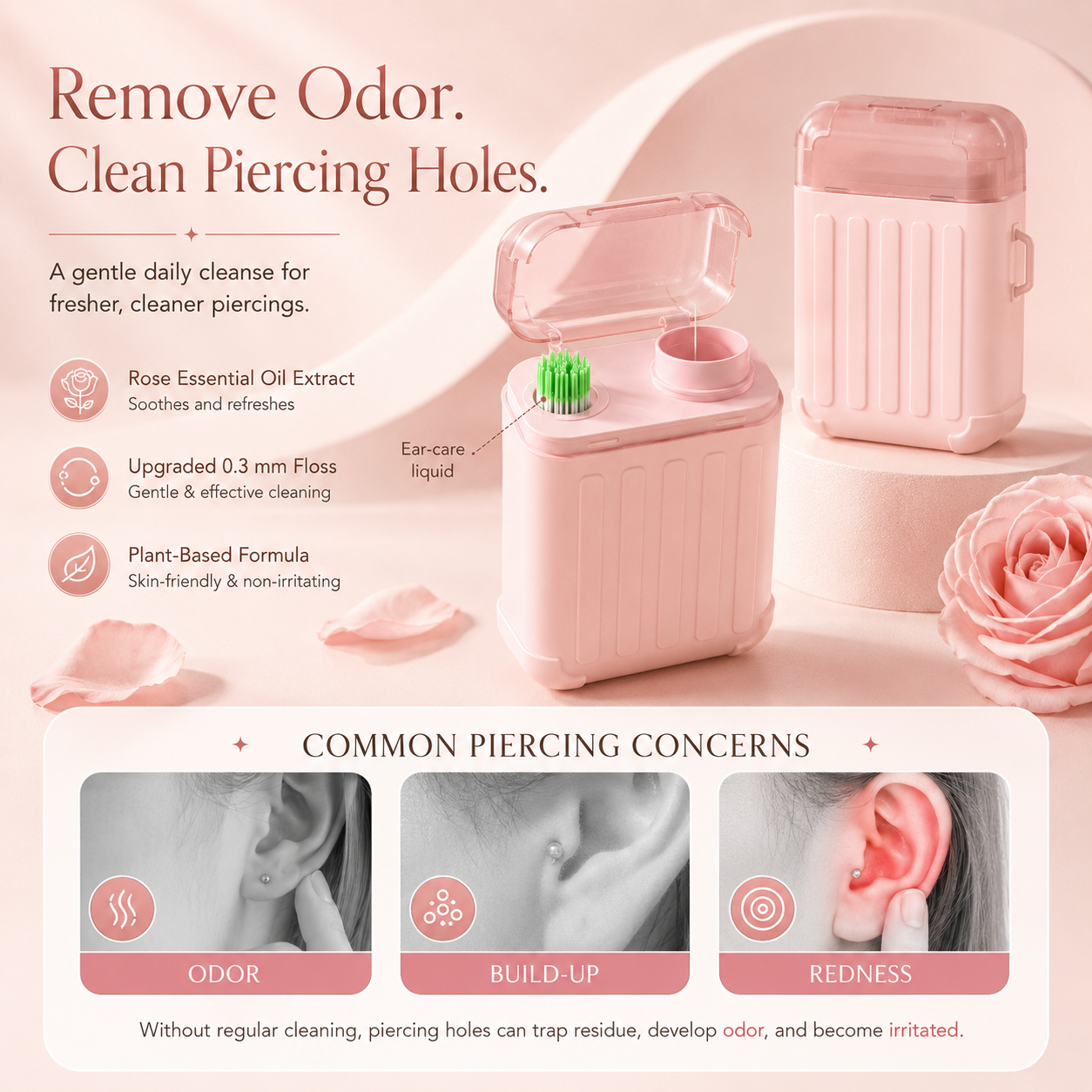 Rose-Infused Piercing Cleaning Floss – 0.3mm Gentle Ear Hole Cleanser, 240 PCS